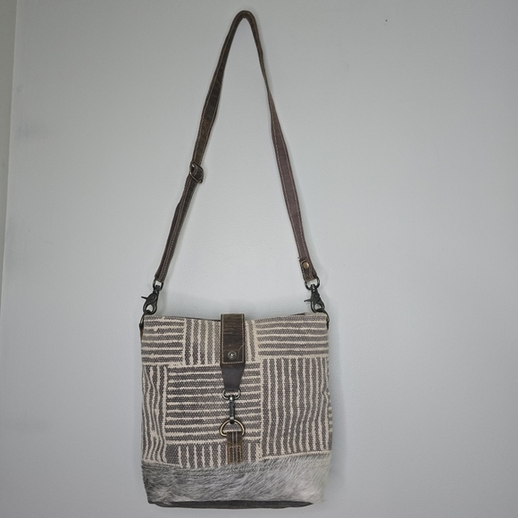 Myra Bag Handbags - Myra Upcycled Canvas Fur Crossbody Shoulder Bag Purse Brown